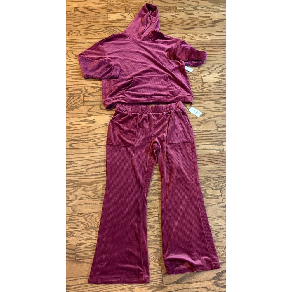 Time and Tru Womens L 12-14 Burgundy Ribbed Velour Hoodie Pants Lounge Set NWT